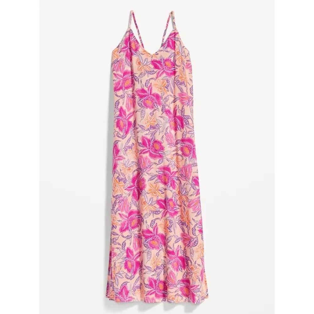 NWT Old Navy Maxi Slip Dress 2X Pink Floral Tie Back Beachy